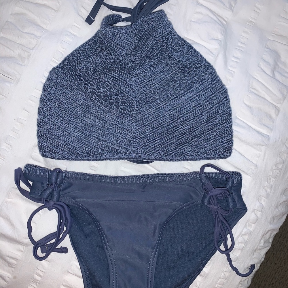 Blue bikini. Haltered too with bottoms